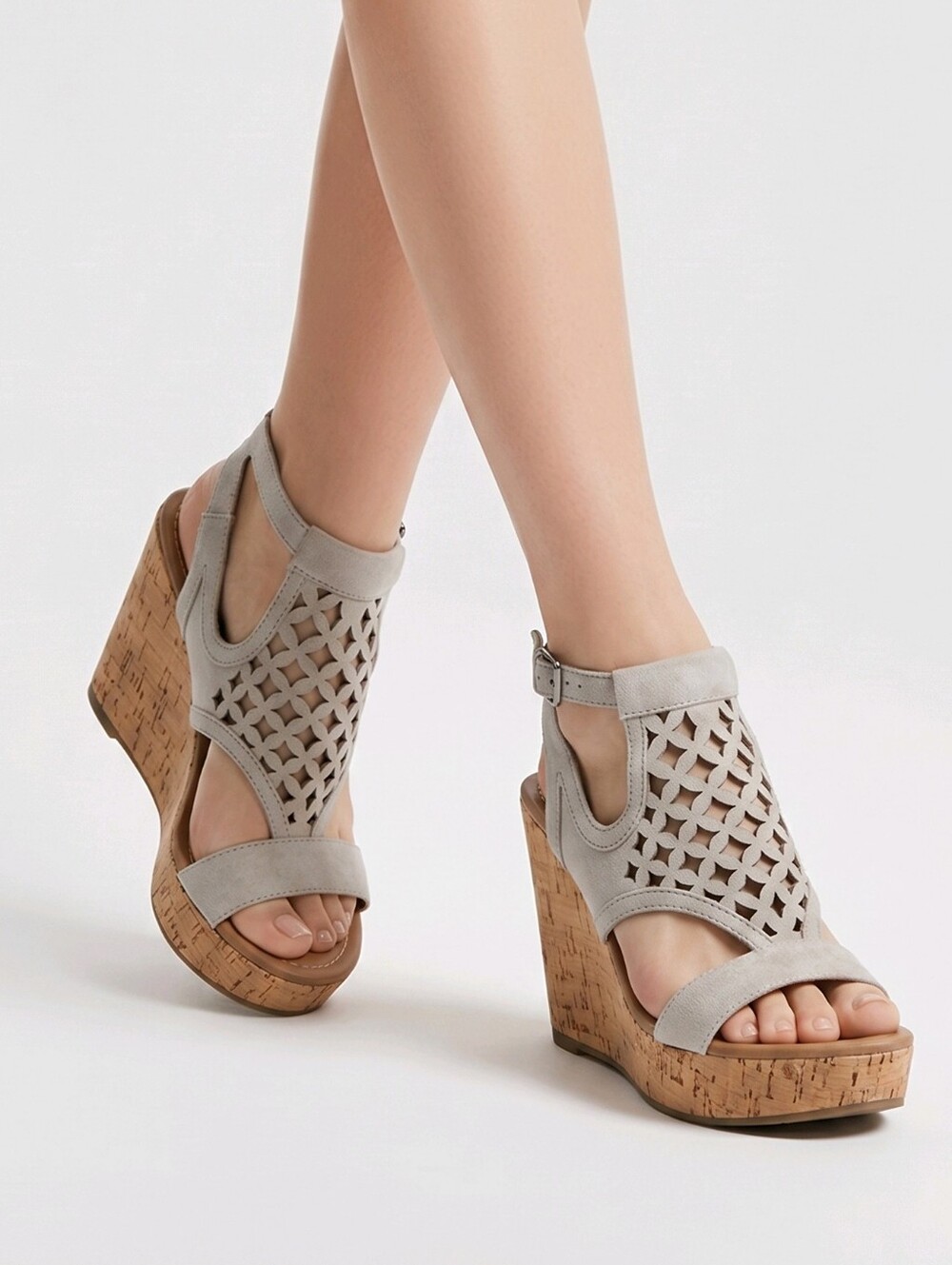 Franco Sarto Gray Laser-Cut Cork Wedge Sandals